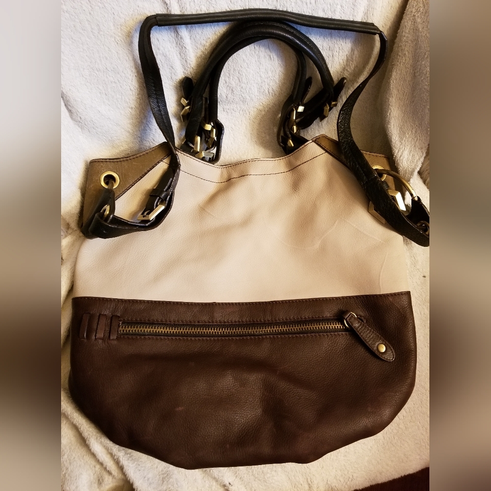 orYANY Sydney Pebbled Leather Colorblock Hobo Bag Handbag Cream/Brn Satchel